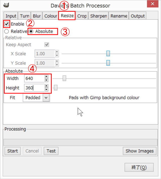 「Resize」タブで画像のサイズを設定