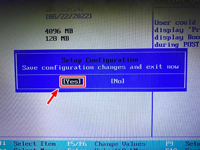 F10キーを押し「YES」を選択してBIOSの設定変更を保存し、BIOS画面を抜ける