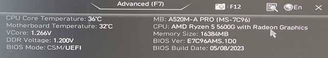 A520M-A PROのBIOSバージョンはE7C96AMS.1D0だった