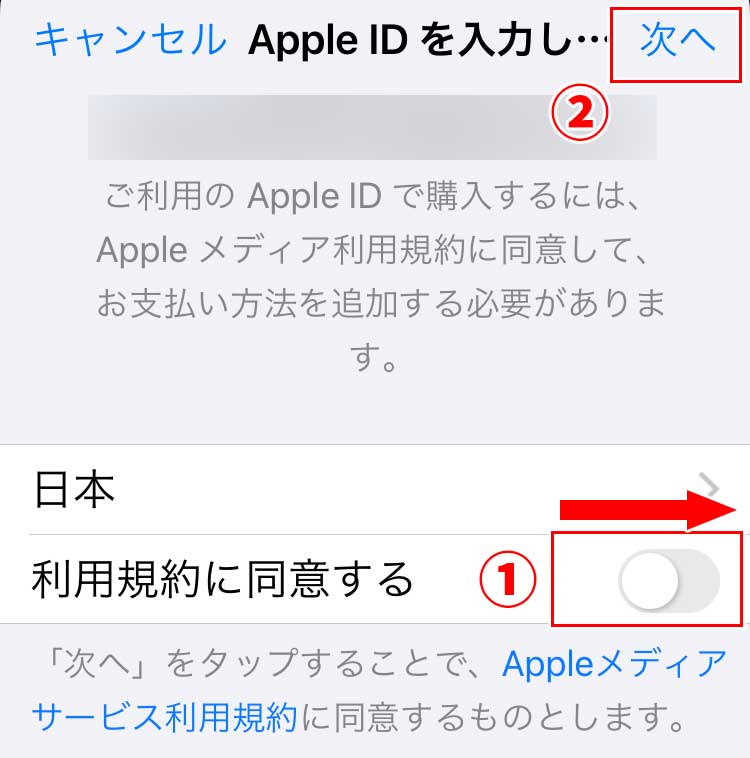 Appleメディア利用規約の同意確認画面になるので、「利用規約に同意する」のスイッチをタップしてオンにして「次へ」をタップ