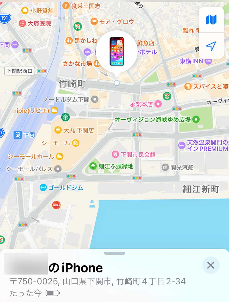 地図上にiPhoneのアイコンが表示され、その場所に家族のiPhoneがあることがわかる
