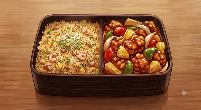 半分が炒飯、半分が済豚の中華風弁当