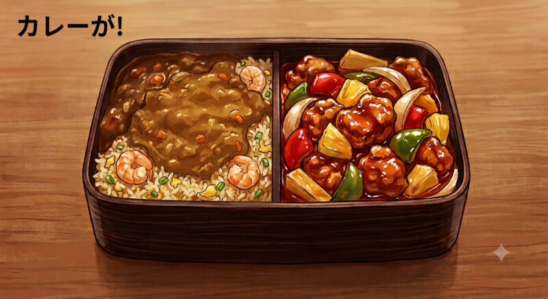 中華風弁当の炒飯の上にカレーがかかっていた
