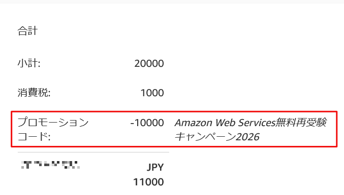 22,000円の試験代金がプロモーションコードの適用により11,000になっている